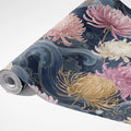 Japanese Chrysanthemum and Wave Mural Wallpaper — Navy and Pink Mural Wallpaper - room preview 03