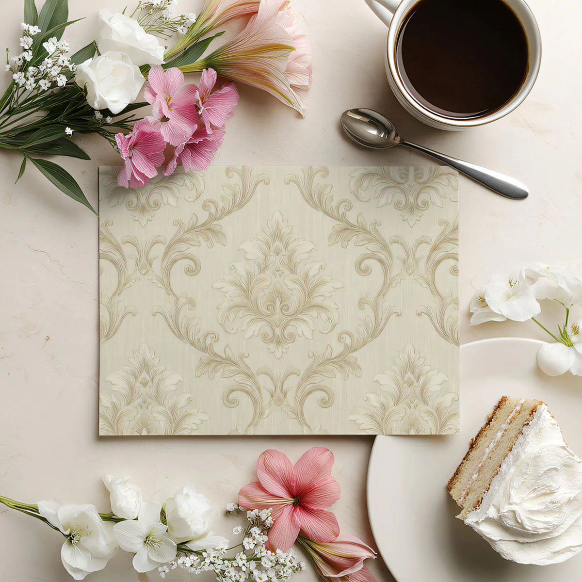 Neutral Damask Mural Wallpaper — Classic Symmetrical Pattern Mural Wallpaper - room preview 03