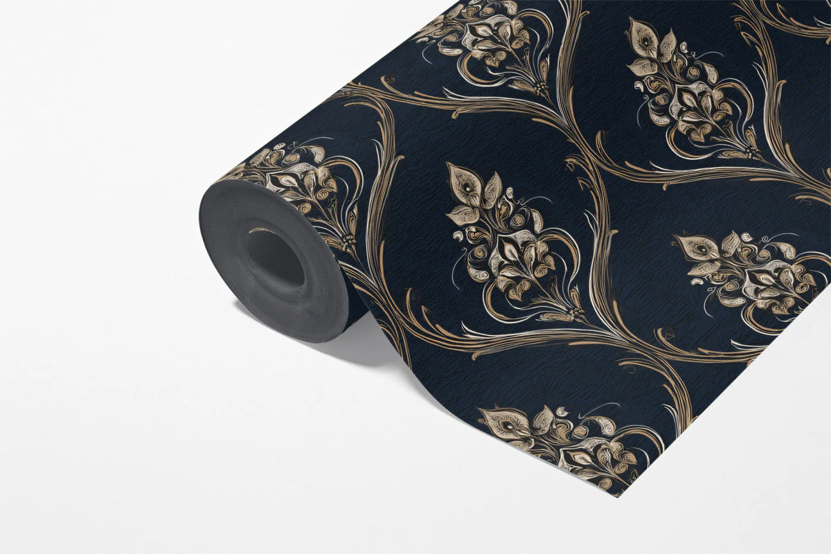 Midnight Baroque Damask Mural Wallpaper — Ornate Heritage Pattern Mural Wallpaper - room preview 03