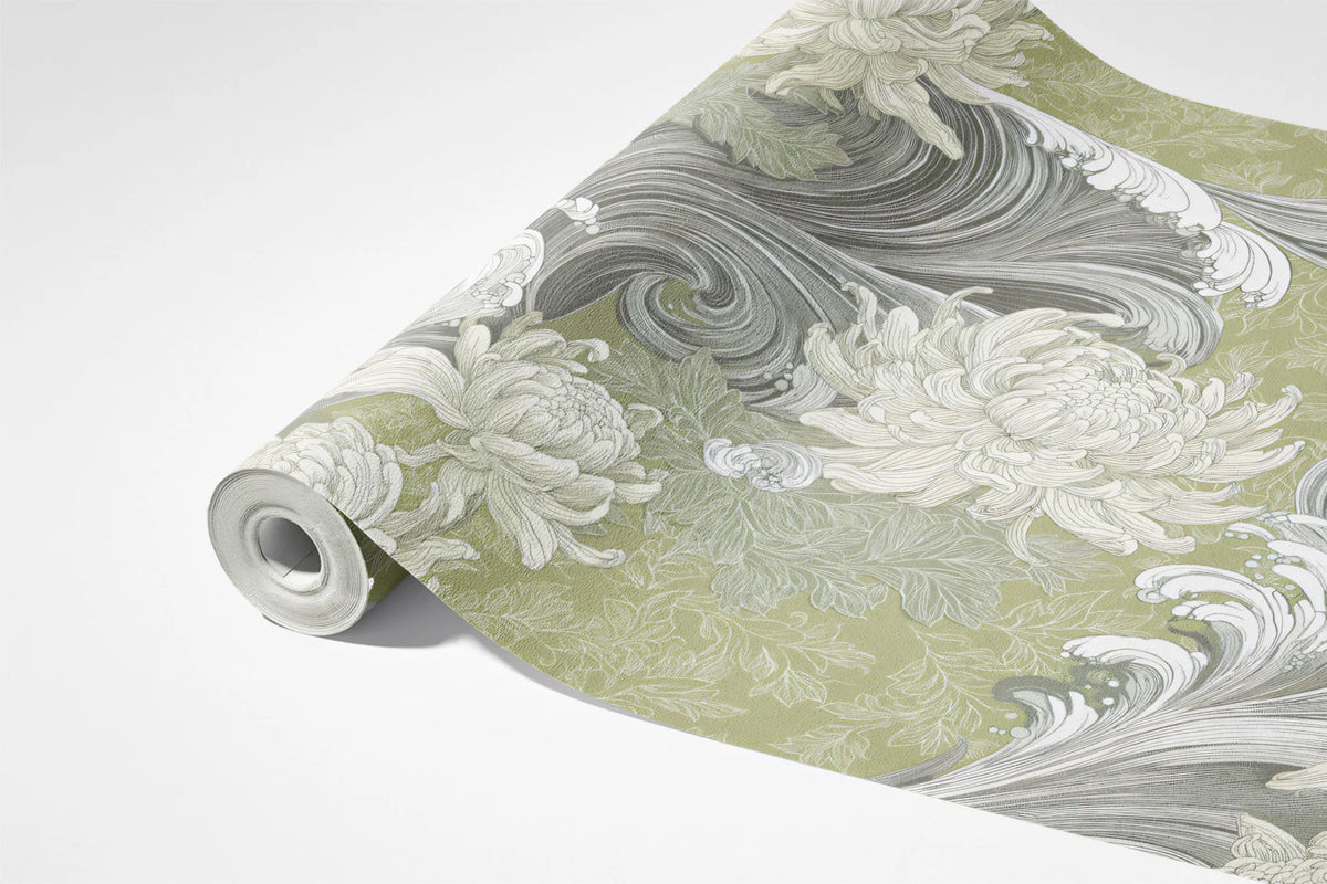 Japanese Wave and Chrysanthemum Mural Wallpaper — Sage Green Mural Wallpaper - room preview 03