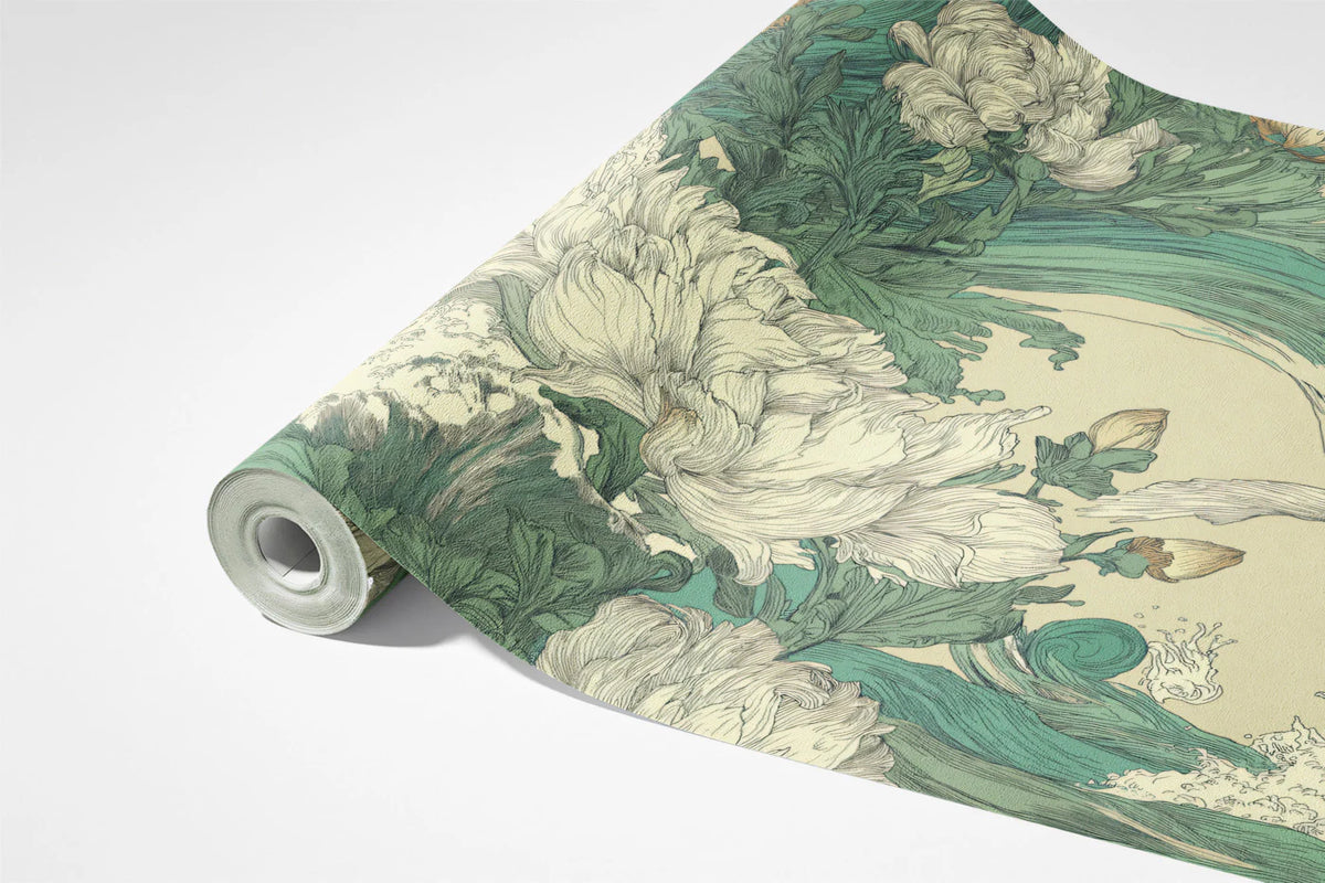 Japanese Wave and Peony Mural Wallpaper — Artistic Chinoiserie Mural Wallpaper - room preview 03