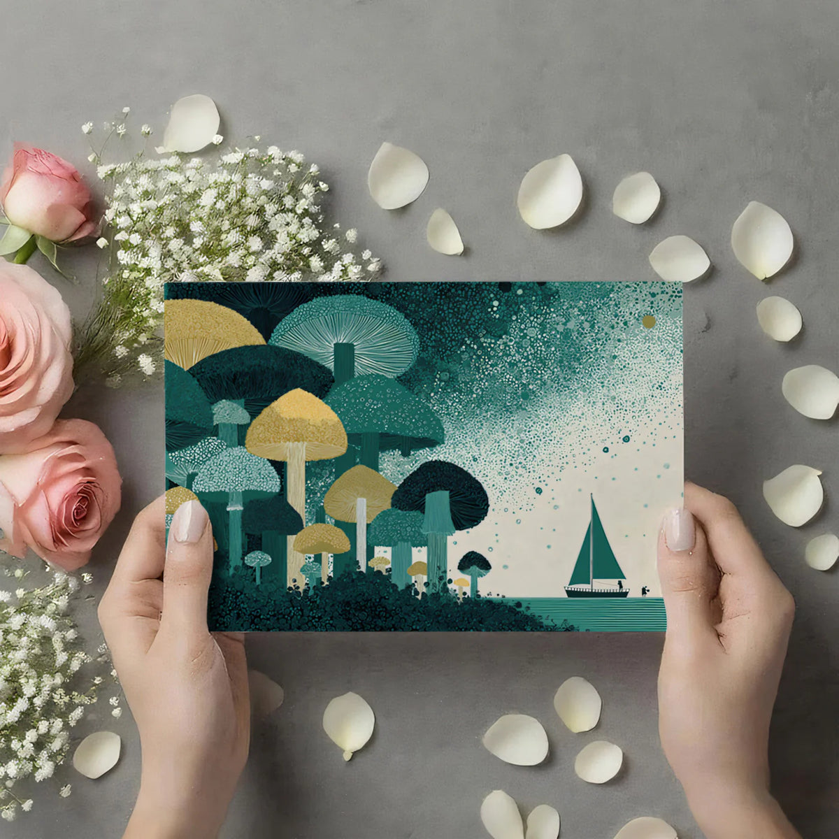 Mushroom Forest and Sailboat Mural Wallpaper — Whimsical Decor Mural Wallpaper - room preview 03
