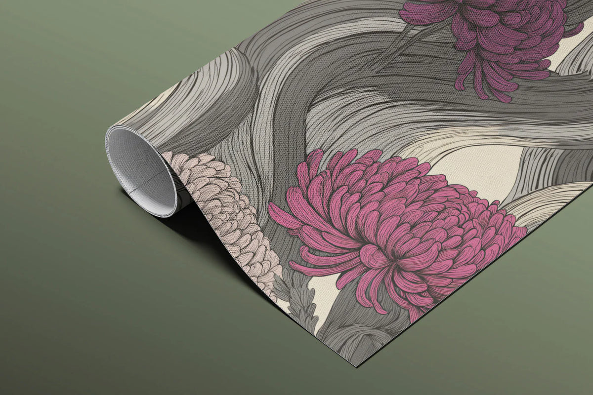 Stylized Chrysanthemum Floral Mural Wallpaper — Artistic Grey Swirls Mural Wallpaper - room preview 03