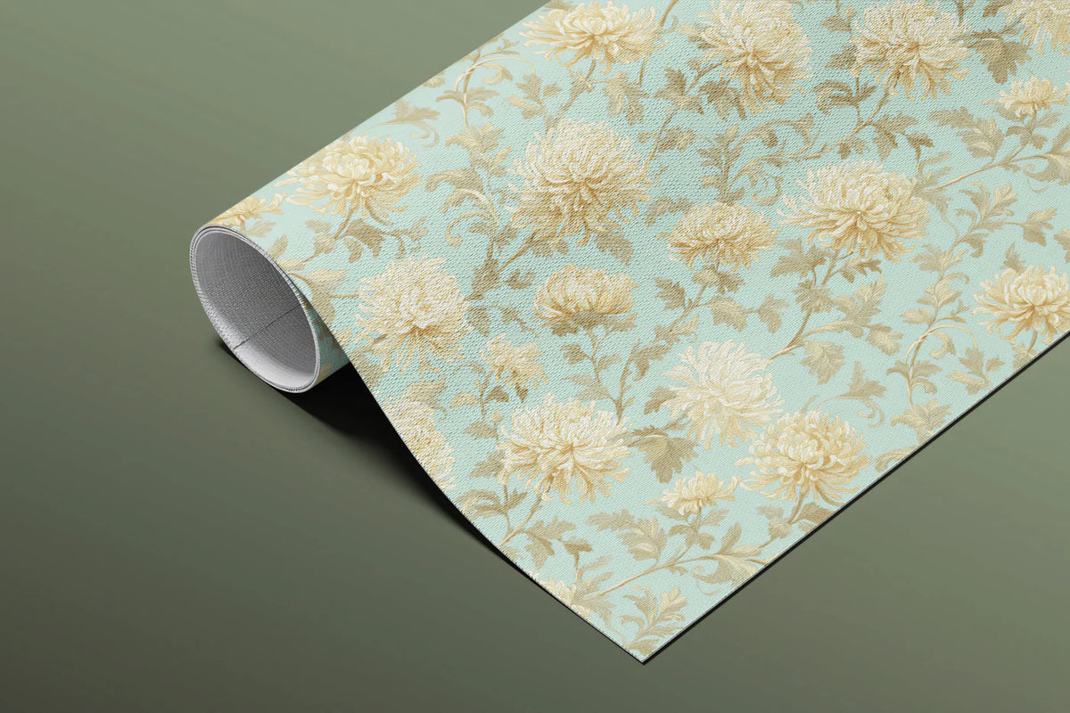 Cream Chrysanthemum Mural Wallpaper — Vintage Botanical Garden Mural Wallpaper - room preview 03