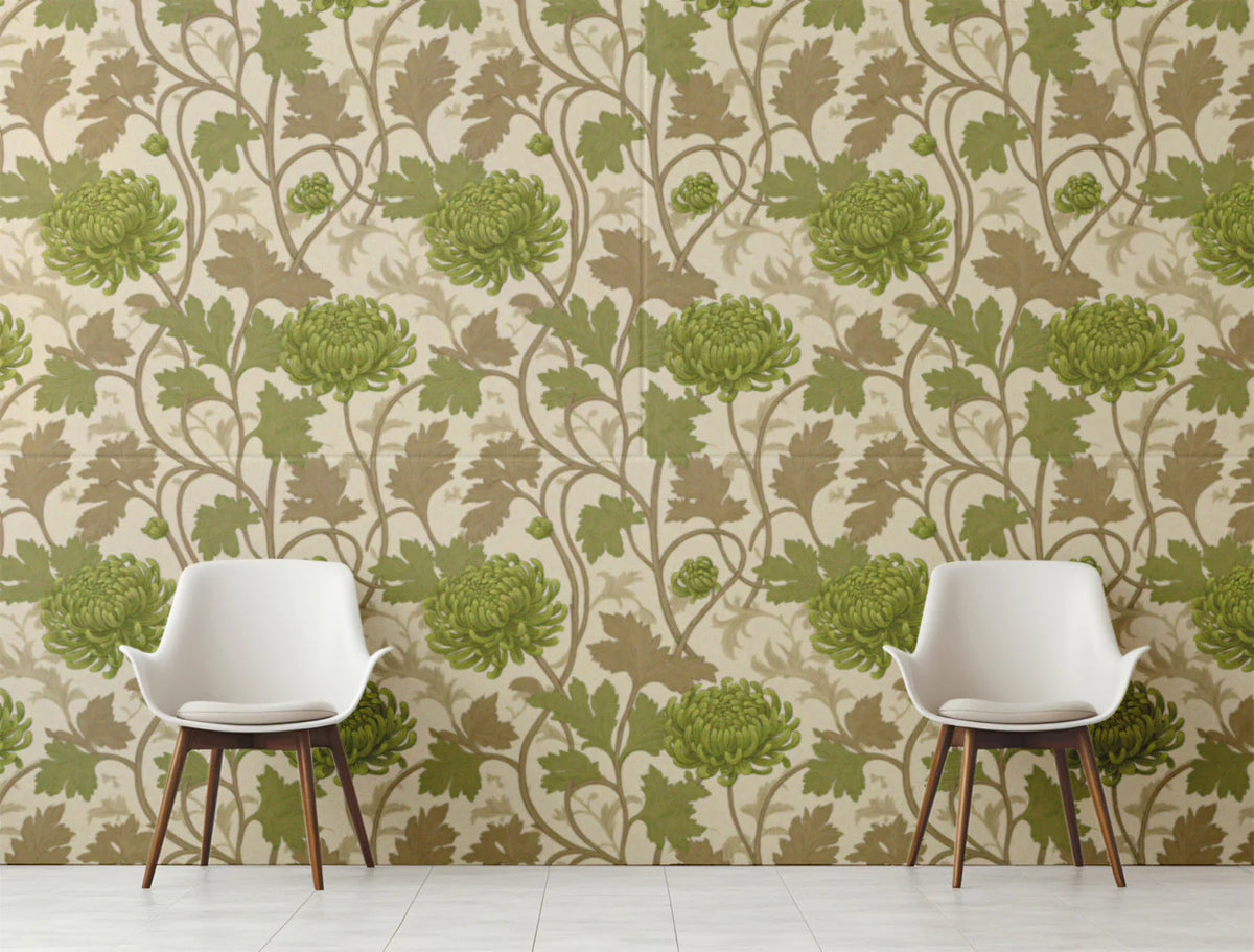 Olive Chrysanthemum Botanical Mural Wallpaper — Vintage Floral Design Mural Wallpaper - room preview 03