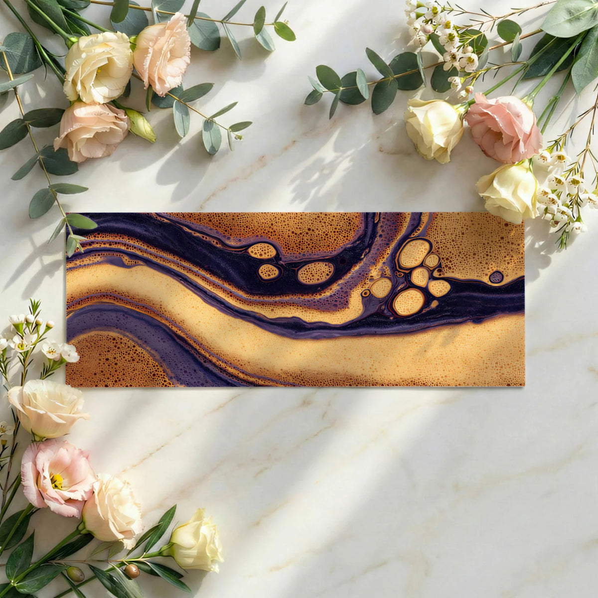 Fluid Cell Abstract Mural Wallpaper — Deep Gold and Purple Swirls Mural Wallpaper - room preview 03