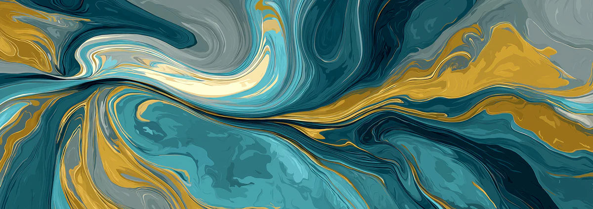 Teal and Mustard Fluid Marble Mural Wallpaper — Artistic Swirls Mural Wallpaper - room preview 03