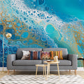 Coastal Fluid Art Mural Wallpaper — Teal and Gold Swirls Mural Wallpaper - room preview 03
