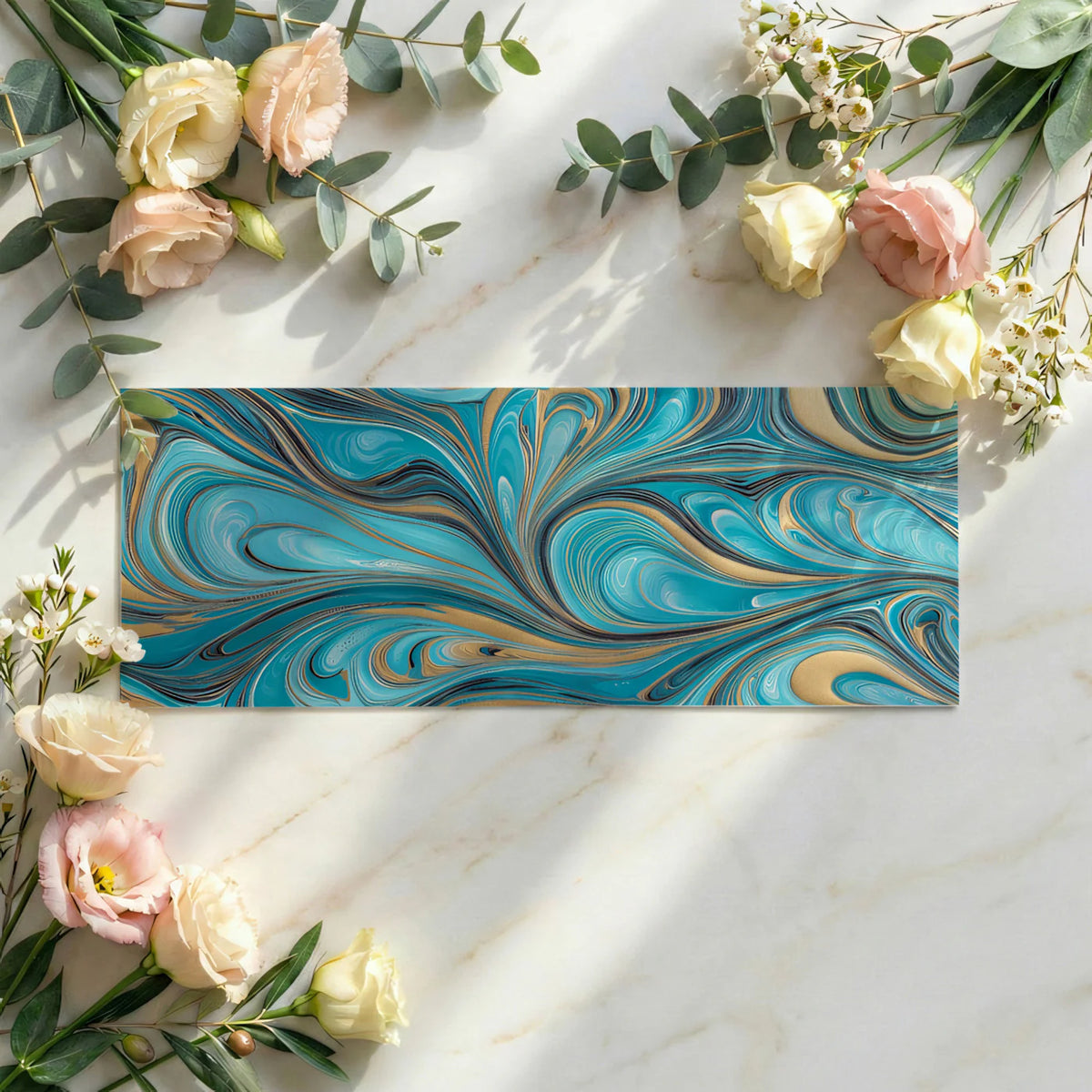 Turquoise and Gold Marble Swirl Mural Wallpaper — Fluid Art Design Mural Wallpaper - room preview 03