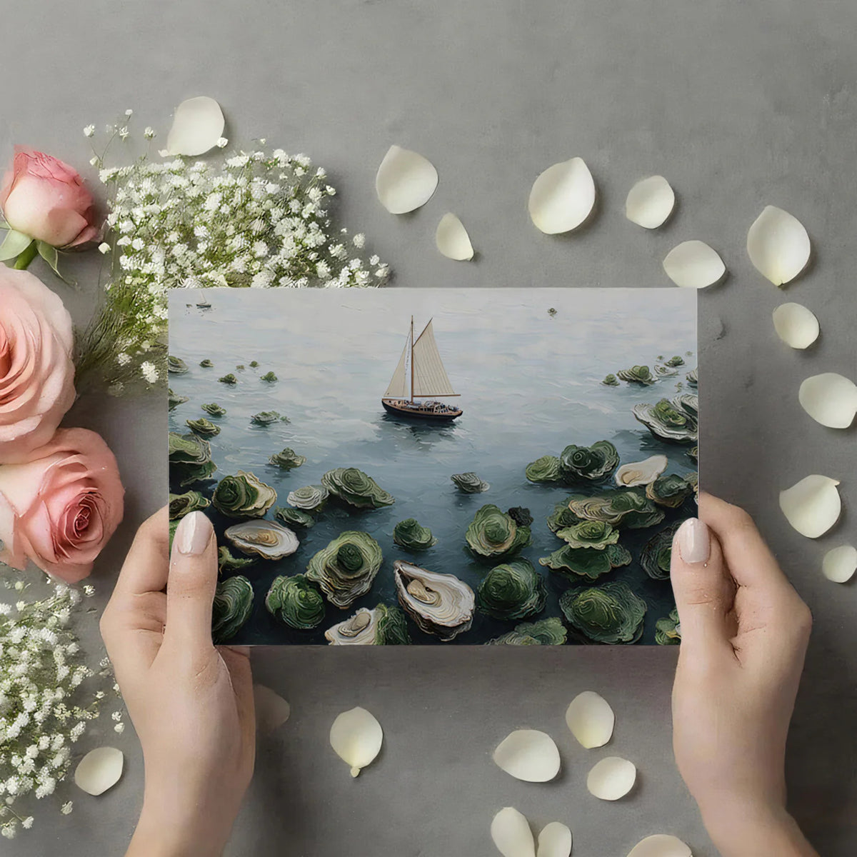 Sailboat and Oyster Shells Mural Wallpaper — Impressionist Seascape Mural Wallpaper - room preview 03