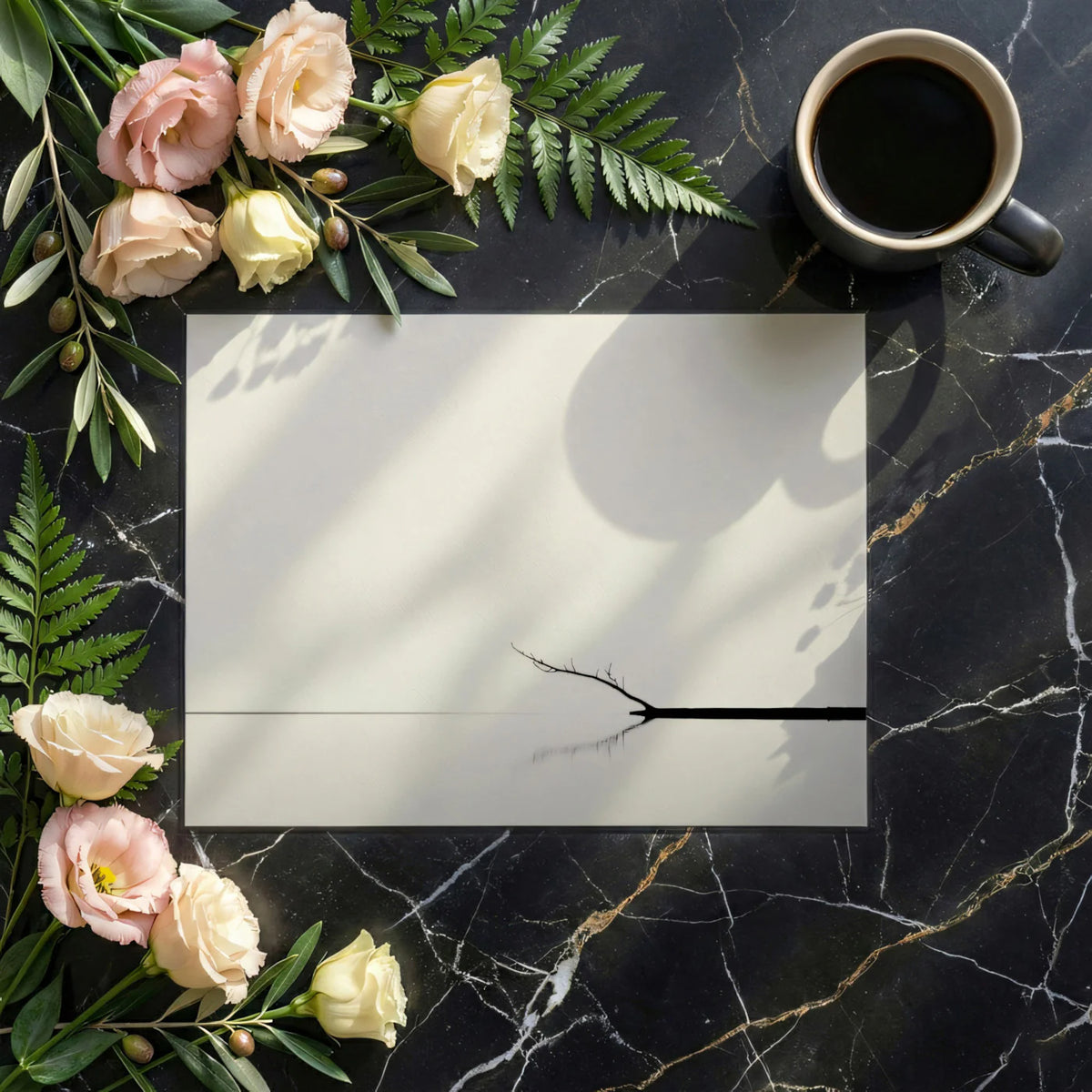 Zen Branch Reflection Mural Wallpaper — Minimalist Ink Silhouette Mural Wallpaper - room preview 03