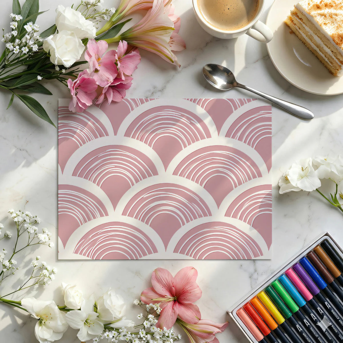 Art Deco Fan Mural Wallpaper — Dusty Rose and Cream Scale Pattern Mural Wallpaper - room preview 03