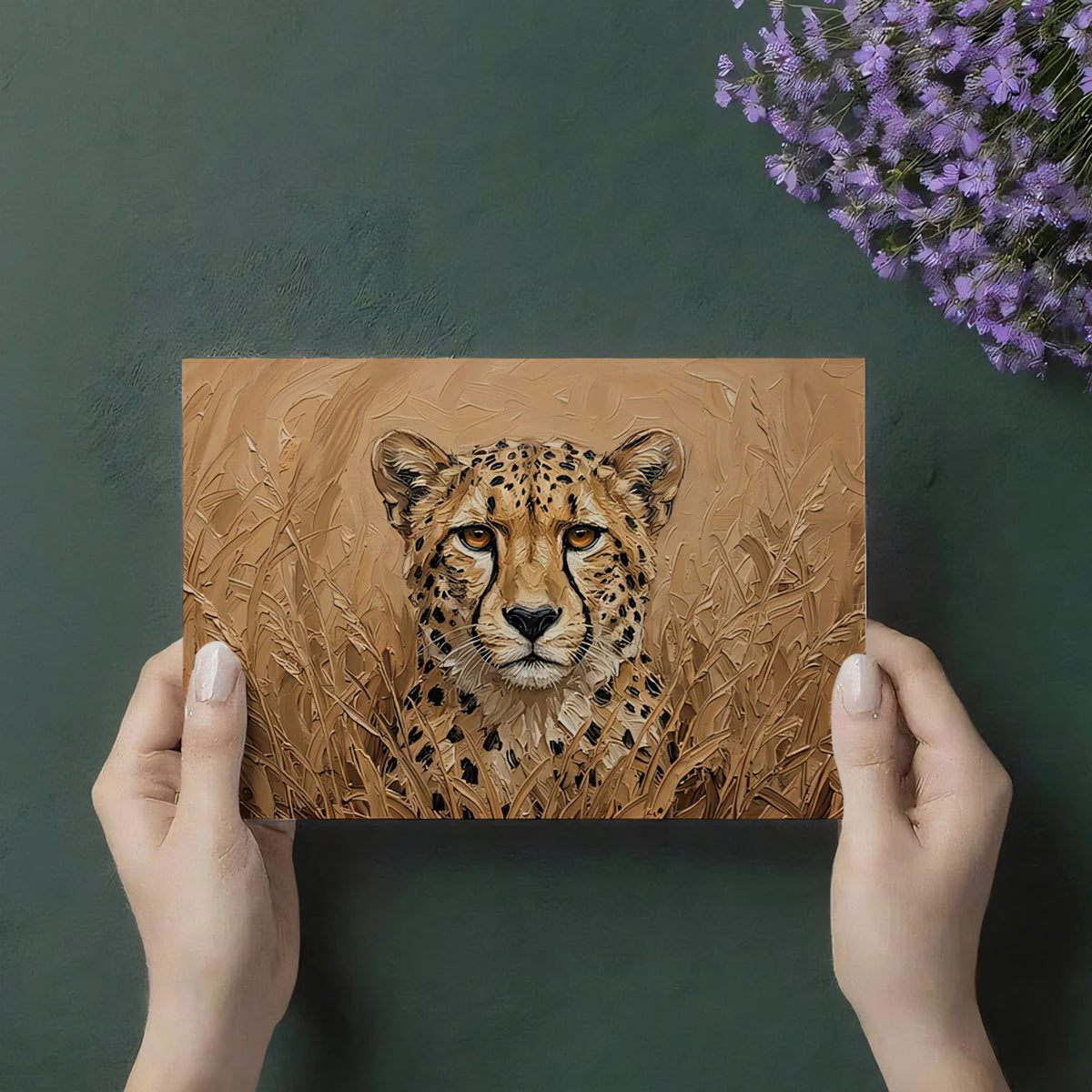 Cheetah in Golden Savanna Mural Wallpaper — Impasto Oil Painting Mural Wallpaper - room preview 03