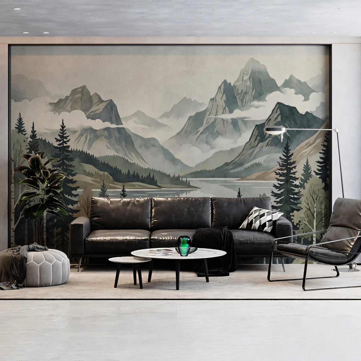 Misty Mountain Lake Mural Wallpaper in Watercolor Style Mural Wallpaper - room preview 03