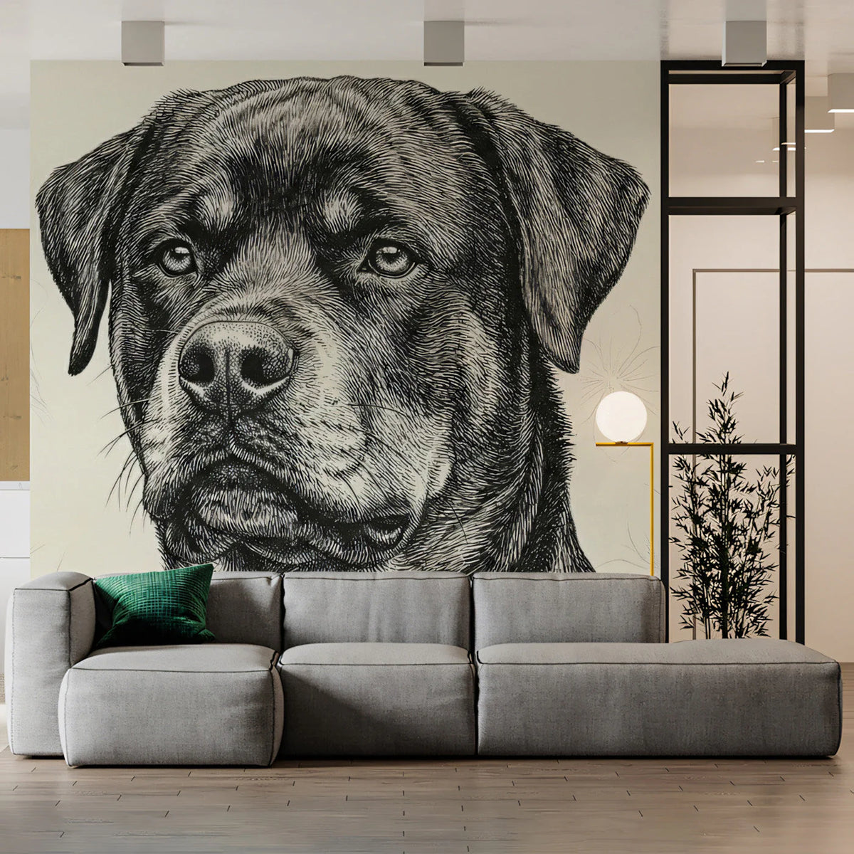 Rottweiler Portrait Mural Wallpaper — Fine Ink Line Art Mural Wallpaper - room preview 03