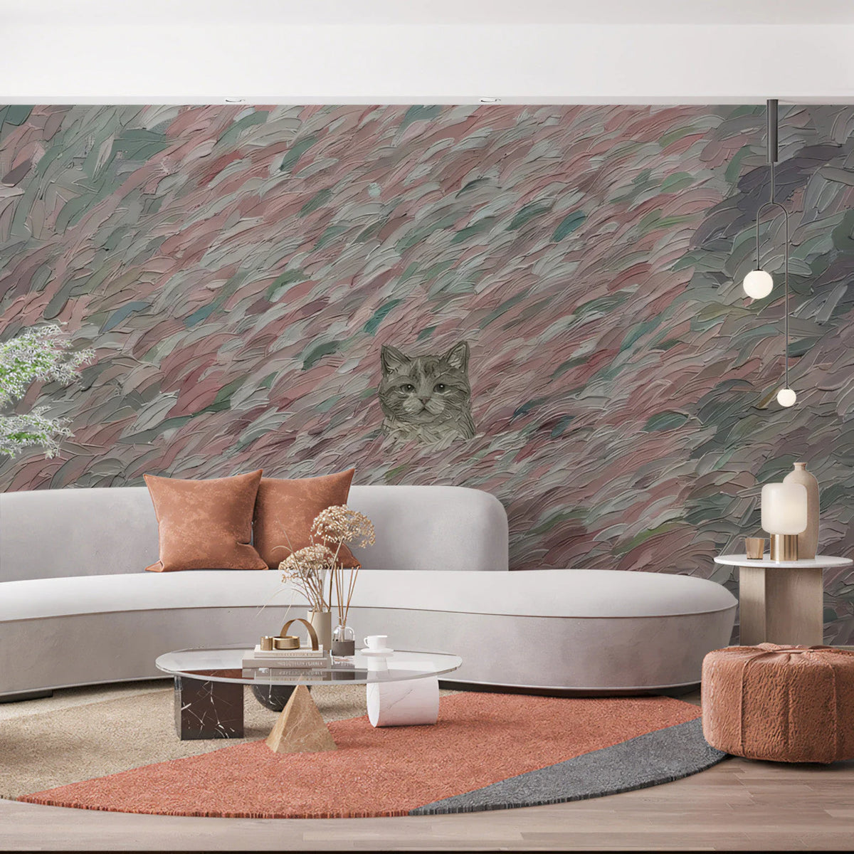 Cat in Impressionist Garden Mural Wallpaper — Soft Palette Art Mural Wallpaper - room preview 03