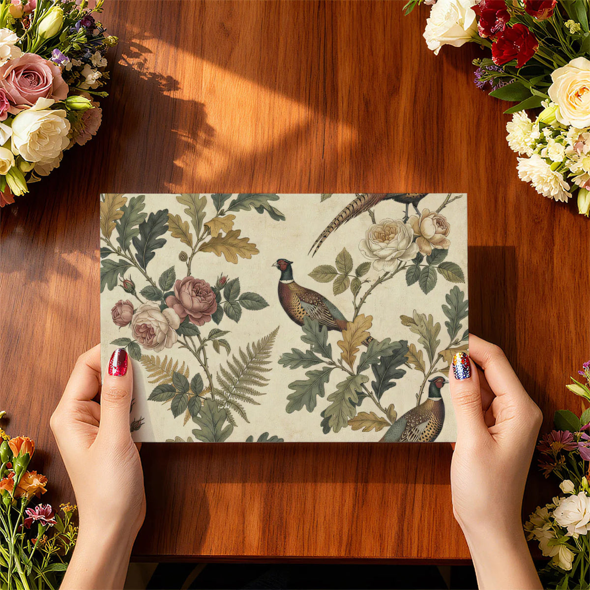 Pheasant and Heirloom Rose Mural Wallpaper in Heritage Palette Mural Wallpaper - room preview 03