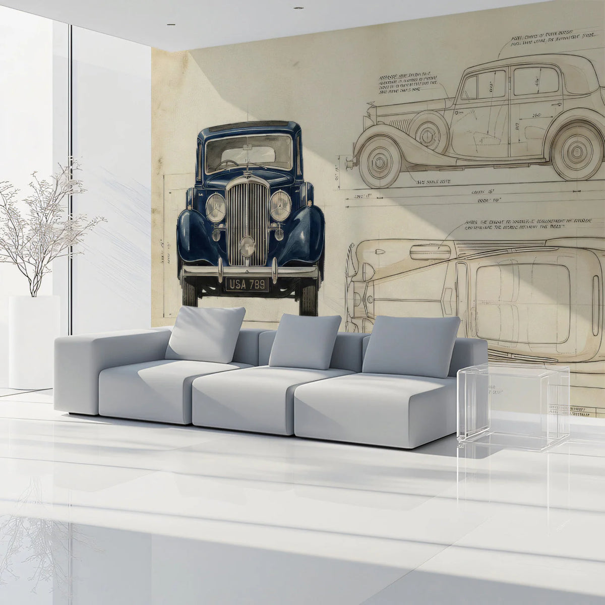 Vintage Automotive Blueprint Mural Wallpaper in Sepia and Navy Mural Wallpaper - room preview 03