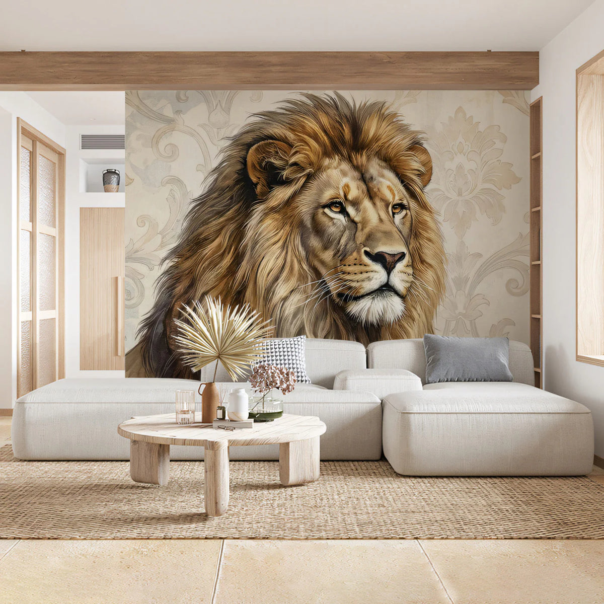 Regal Lion Portrait Mural Wallpaper — Baroque Damask Design Mural Wallpaper - room preview 03