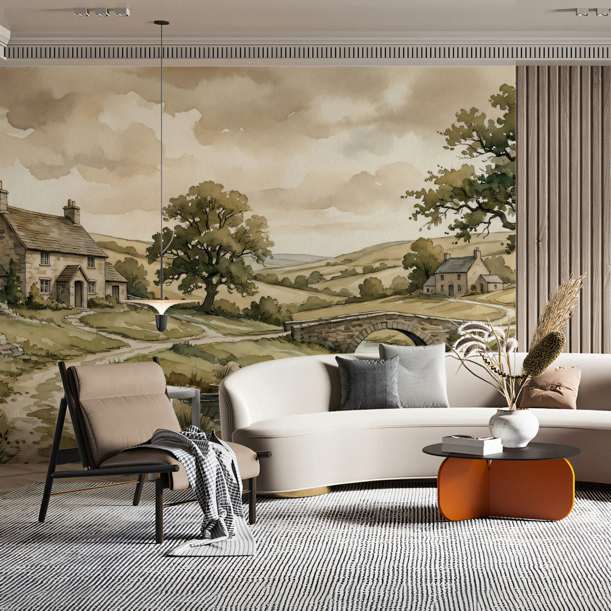 English Countryside Landscape Mural Wallpaper — Vintage Oil Style Mural Wallpaper - room preview 03