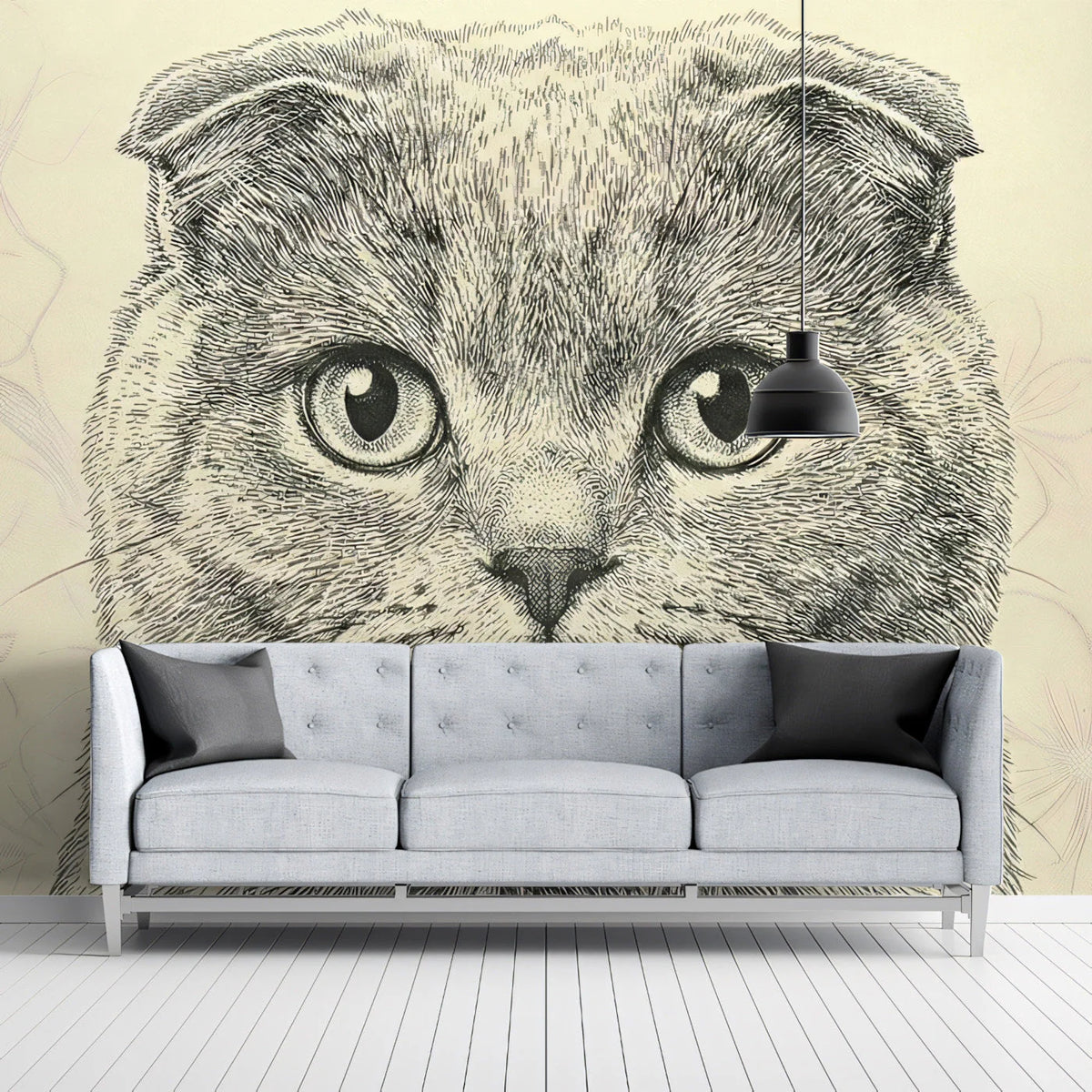 Scottish Fold Cat Illustration Mural Wallpaper — Hand-Drawn Style Mural Wallpaper - room preview 03