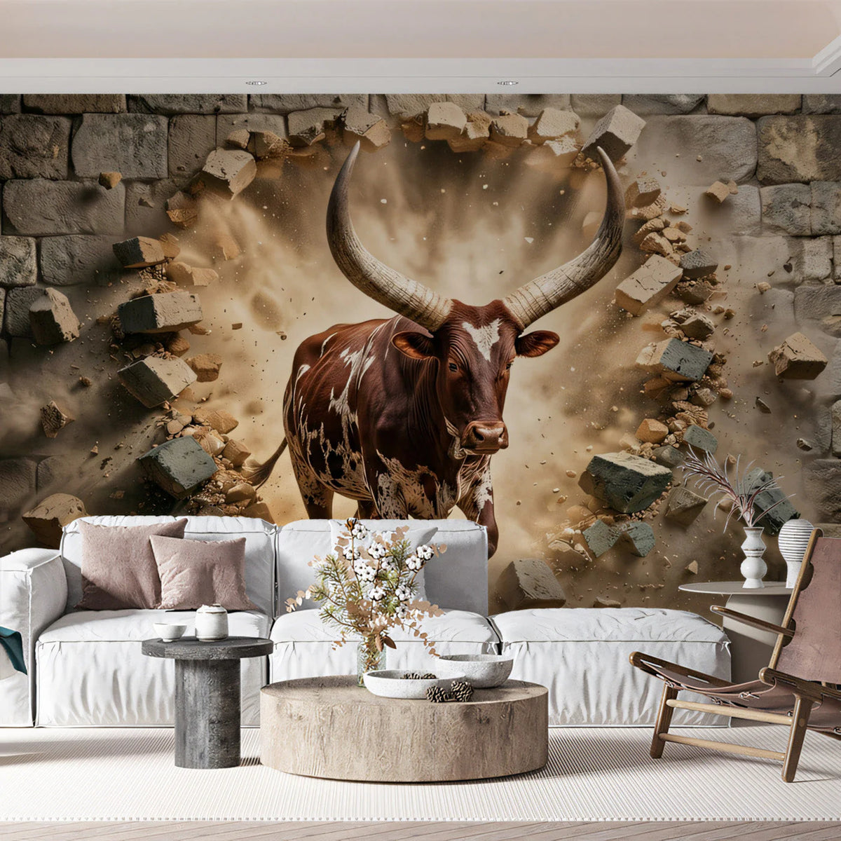 Charging Bull Brick Wall Mural Wallpaper —Dynamic Animal Design Mural Wallpaper - room preview 03