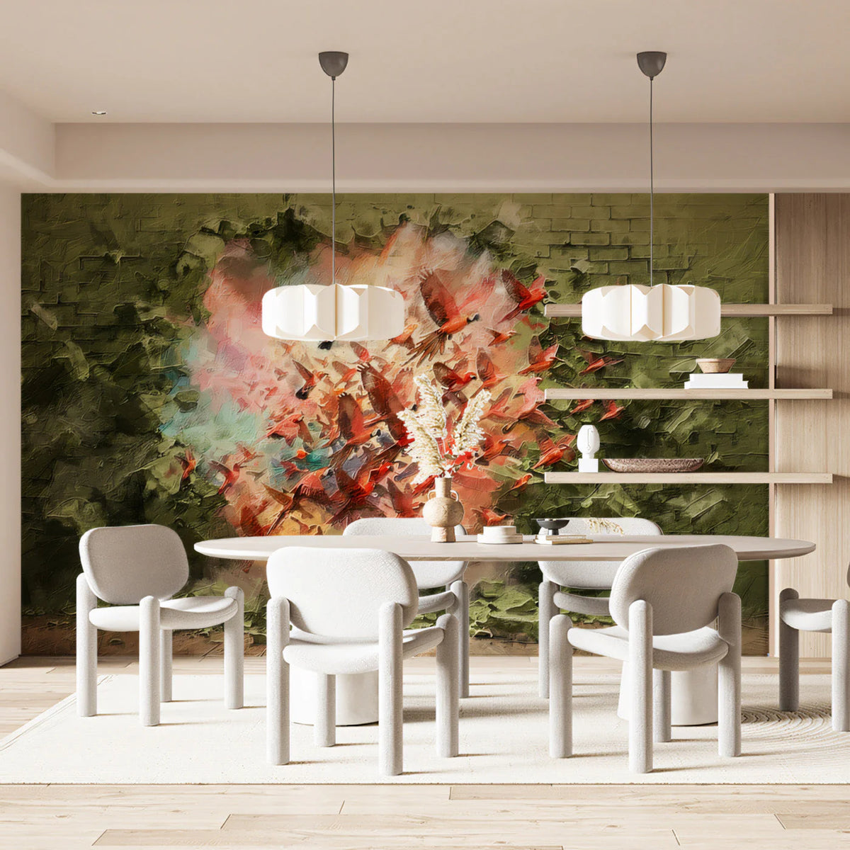 Explosion of Birds Mural Wallpaper — Artistic Painted Brick Design Mural Wallpaper - room preview 03
