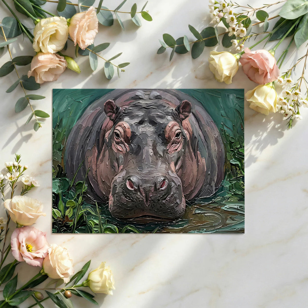 Impressionist Hippo Oil Painting Mural Wallpaper - room preview 03