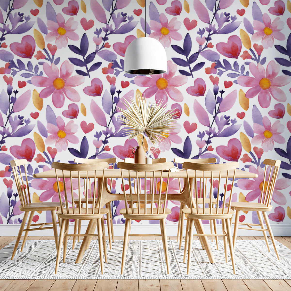 Watercolor Floral and Heart Mural Wallpaper — Soft Pastel Whimsy Mural Wallpaper - room preview 03