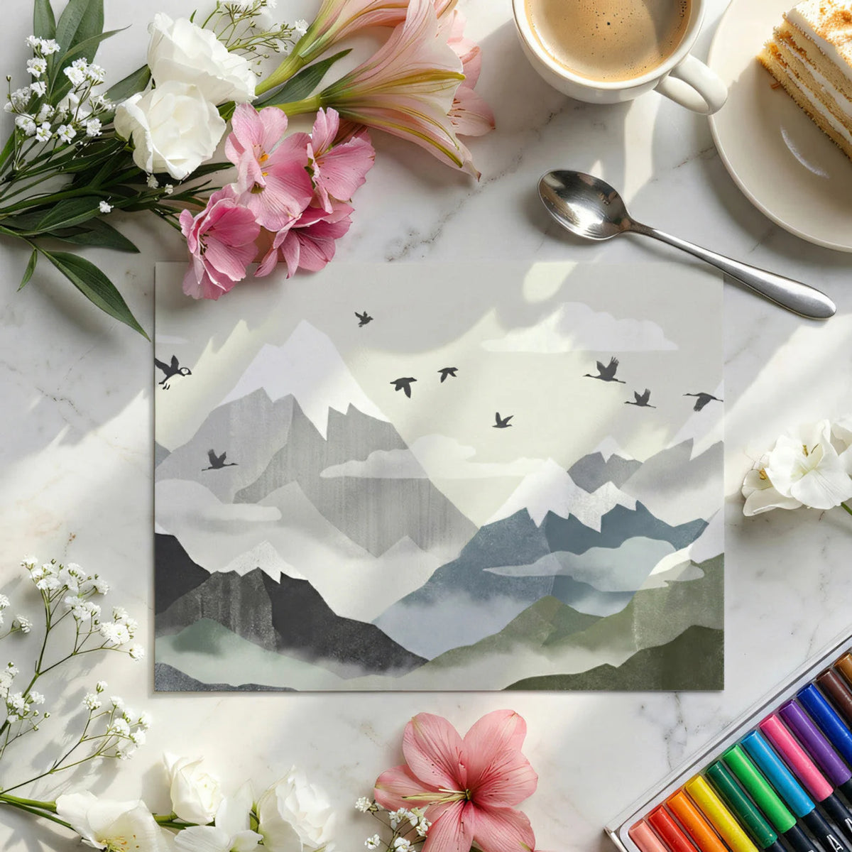 Minimalist Mountain Range Mural Wallpaper with Soaring Birds Mural Wallpaper - room preview 03