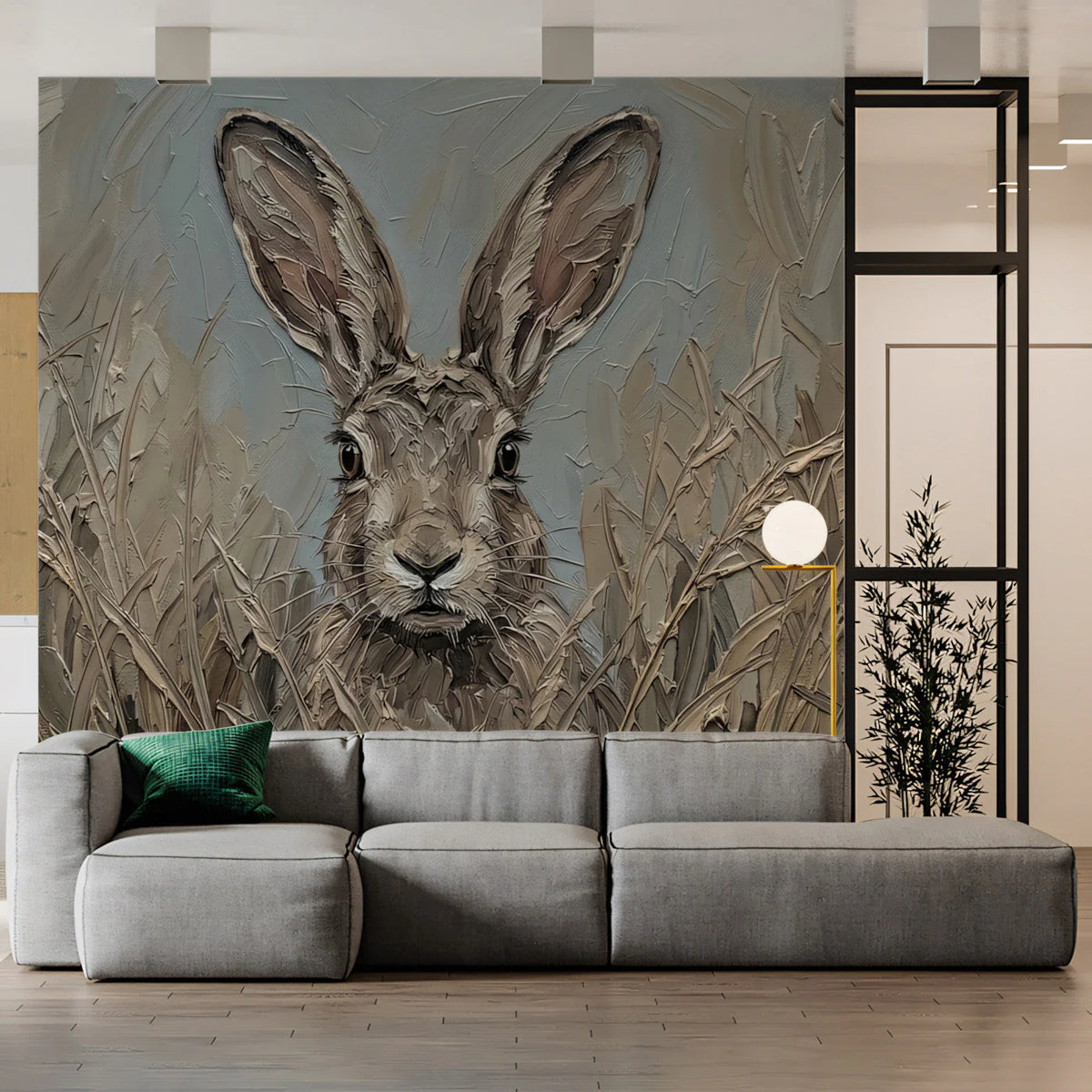 Rustic Hare Oil Painting Mural Wallpaper — Textured Nature Scene Mural Wallpaper - room preview 03