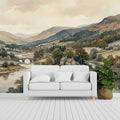 Countryside River Valley Mural Wallpaper — Watercolor Landscape Mural Wallpaper - room preview 03