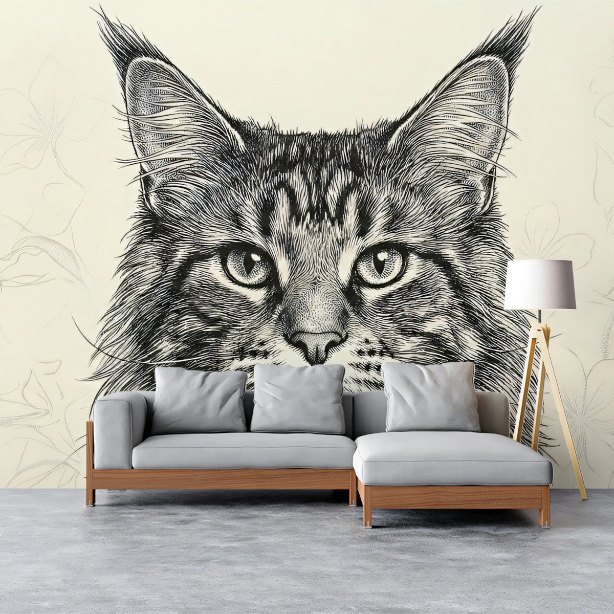 Maine Coon Portrait Mural Wallpaper — Fine Line Ink Illustration Mural Wallpaper - room preview 03