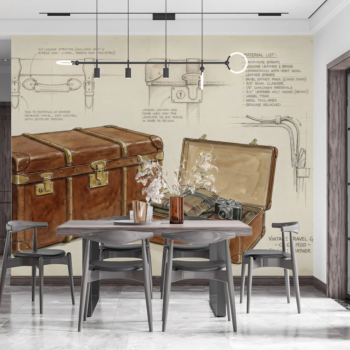 Vintage Travel Trunk Mural Wallpaper — Classic Sketch Illustration Mural Wallpaper - room preview 03