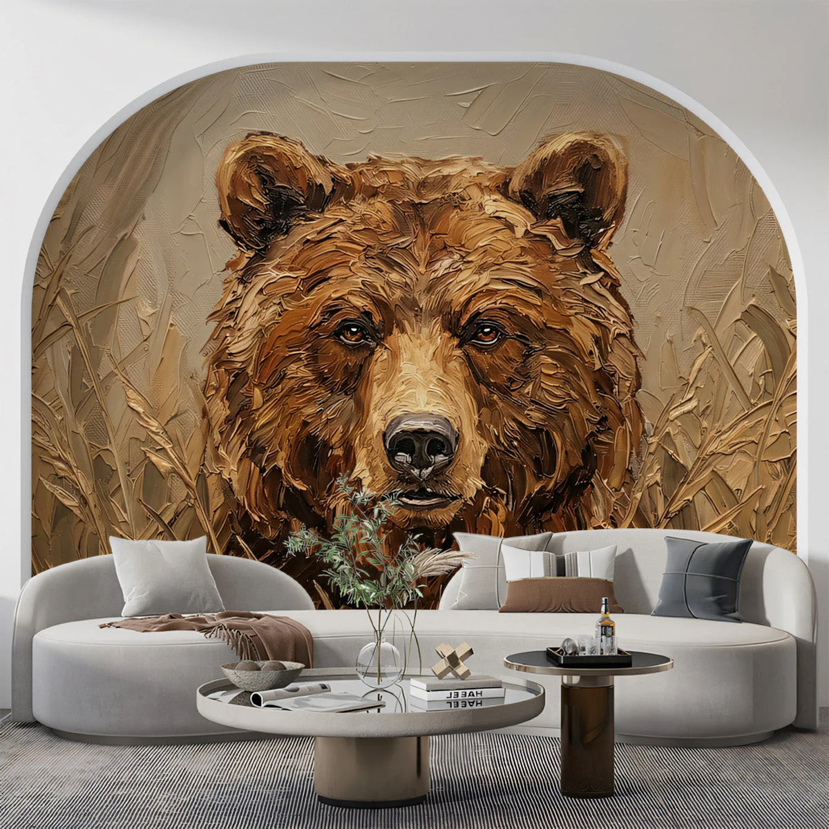 Grizzly Bear Oil Painting Mural Wallpaper in Earthy Tones Mural Wallpaper - room preview 03