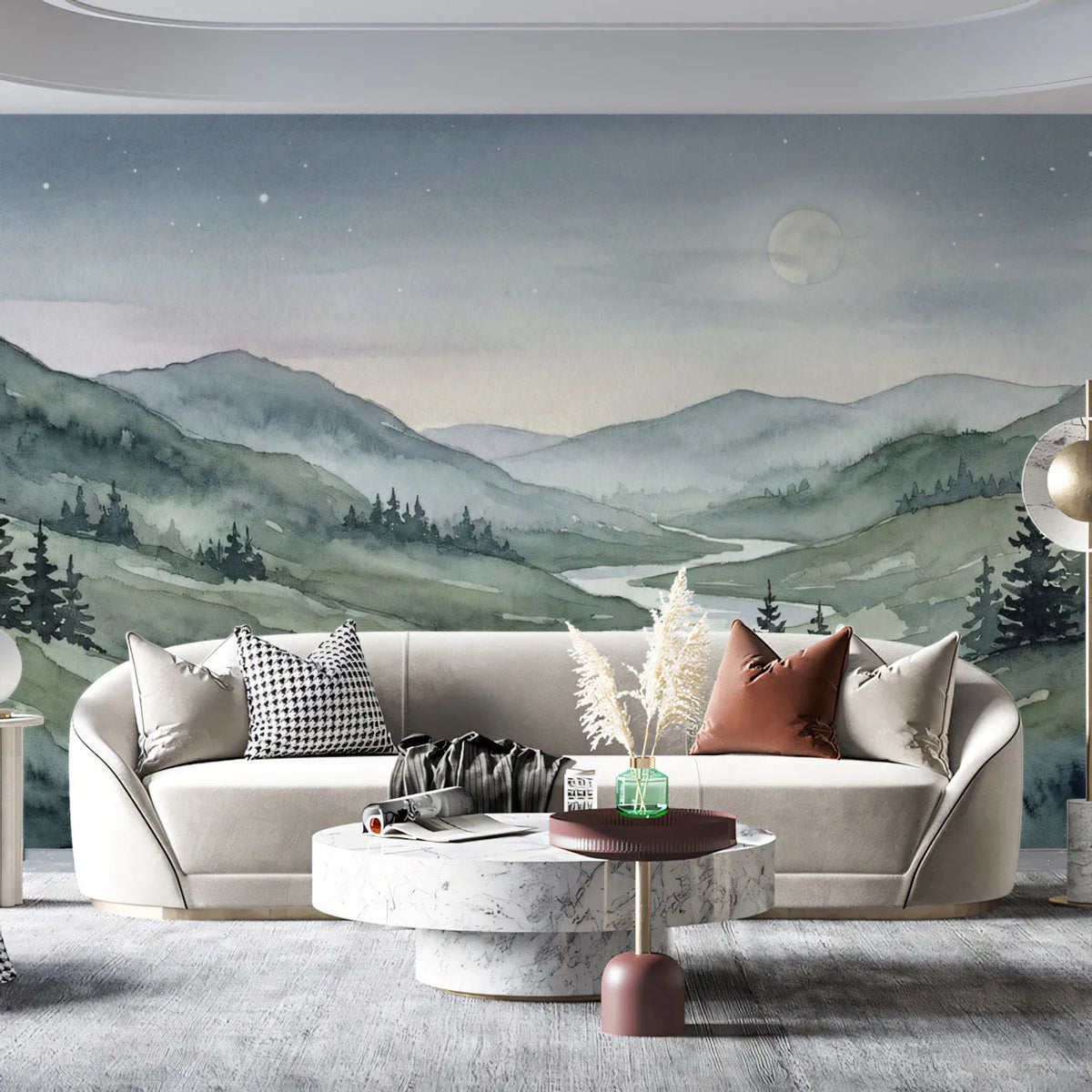 Midnight River Landscape Mural Wallpaper — Watercolor Art Mural Wallpaper - room preview 03