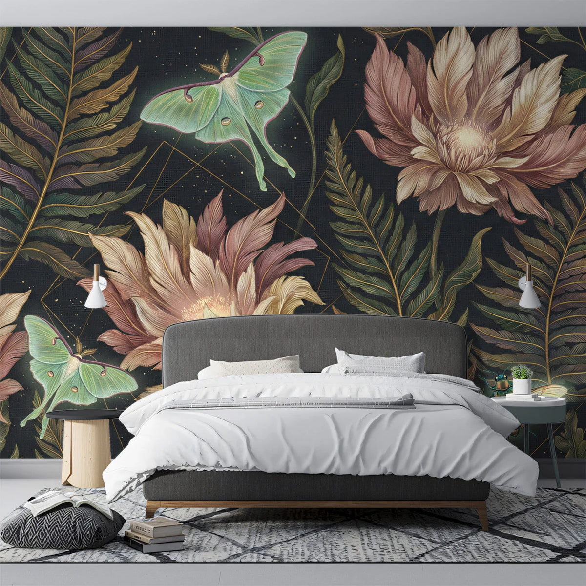 Luna Moth and Botanical Garden Mural Wallpaper — Dark Academia Mural Wallpaper - room preview 03