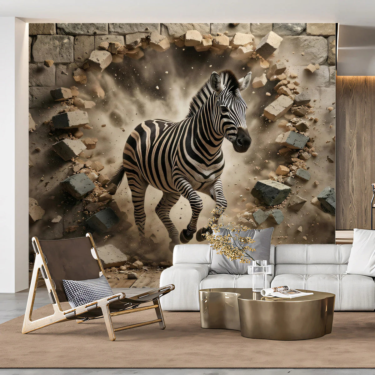 Zebra Breaking Through Brick Wall Mural Wallpaper - room preview 03