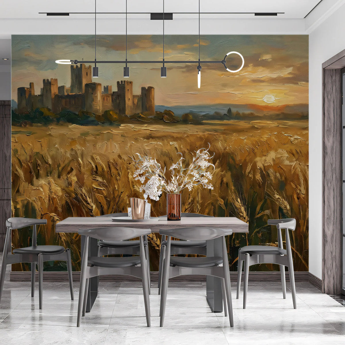 Medieval Castle Wheat Field Mural Wallpaper — Oil Painting Style Mural Wallpaper - room preview 03