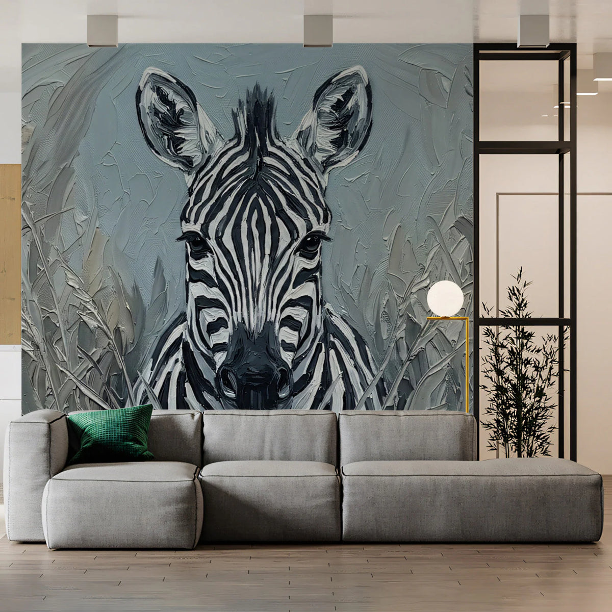 Zebra Portrait Mural Wallpaper in Thick Oil Impasto Texture Mural Wallpaper - room preview 03