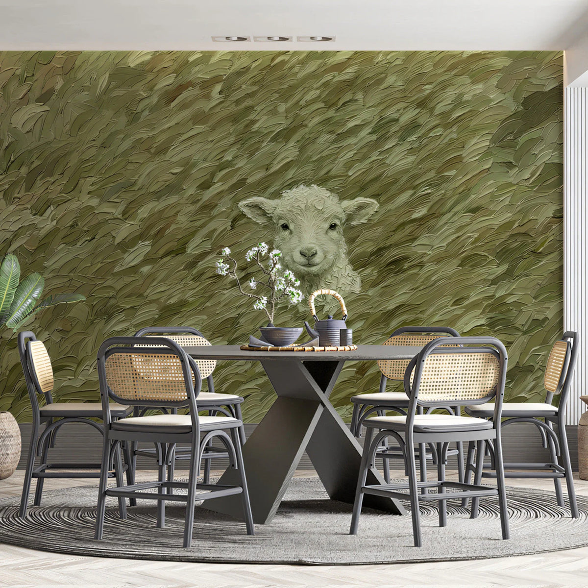 Lamb in Olive Grass Mural Wallpaper — Impasto Oil Painting Style Mural Wallpaper - room preview 03
