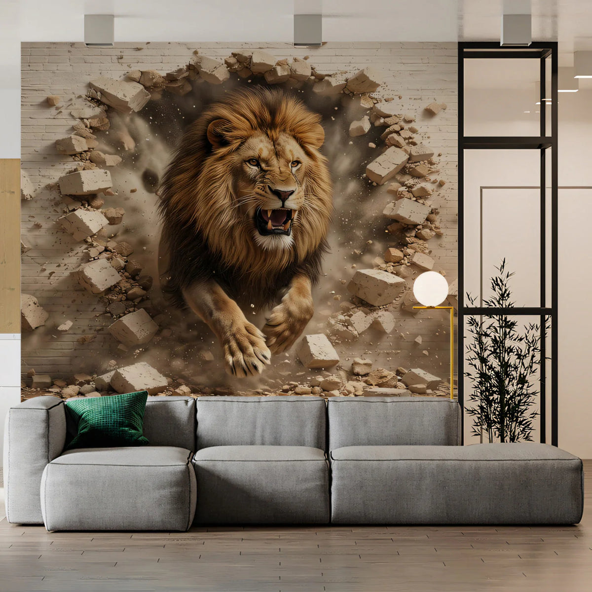 Roaring Lion Brick Wall Mural Wallpaper — 3D Effect Design Mural Wallpaper - room preview 03