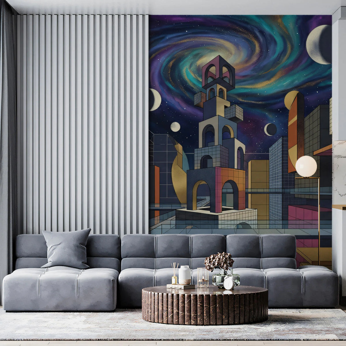 Cosmic Cityscape Mural Wallpaper — Surreal Geometric Design Mural Wallpaper - room preview 03