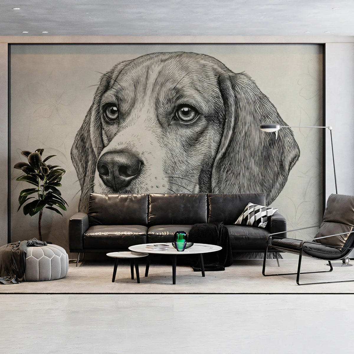 Beagle Dog Sketch Mural Wallpaper — Hand-Drawn Floral Art Mural Wallpaper - room preview 03