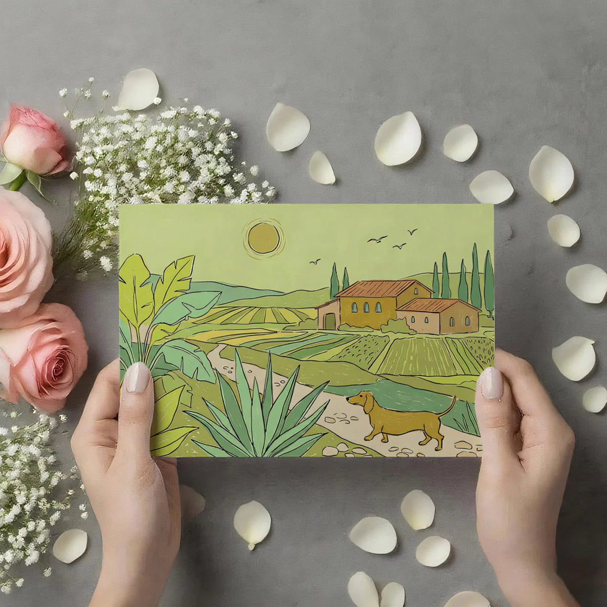 Tuscan Landscape Mural Wallpaper with Dachshund and Fields Mural Wallpaper - room preview 03