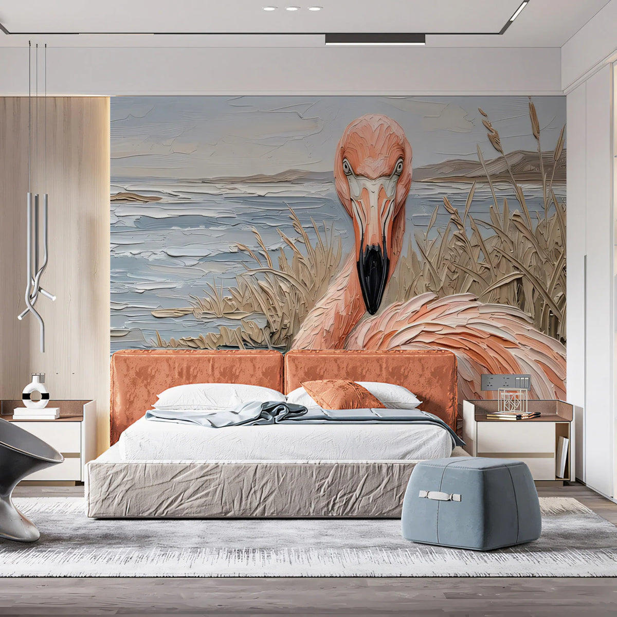 Flamingo Shoreline Oil Painting Mural Wallpaper - room preview 03