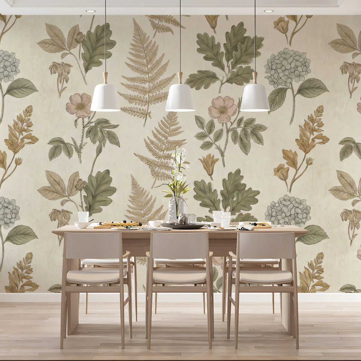 Vintage Botanical Illustration Mural Wallpaper in Muted Earth Tones Mural Wallpaper - room preview 03