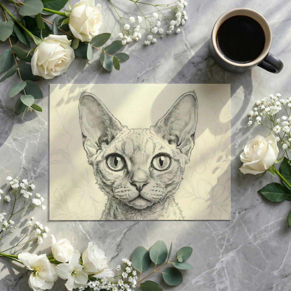 Devon Rex Cat Sketch Mural Wallpaper — Artistic Line Drawing Mural Wallpaper - room preview 03