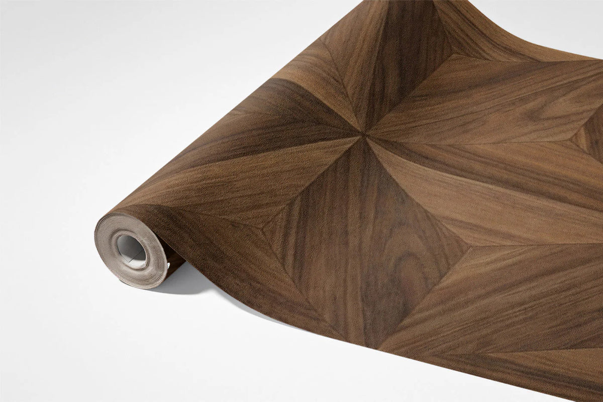 Geometric Walnut Parquet Mural Wallpaper — Sophisticated Wood Grain Mural Wallpaper - room preview 03