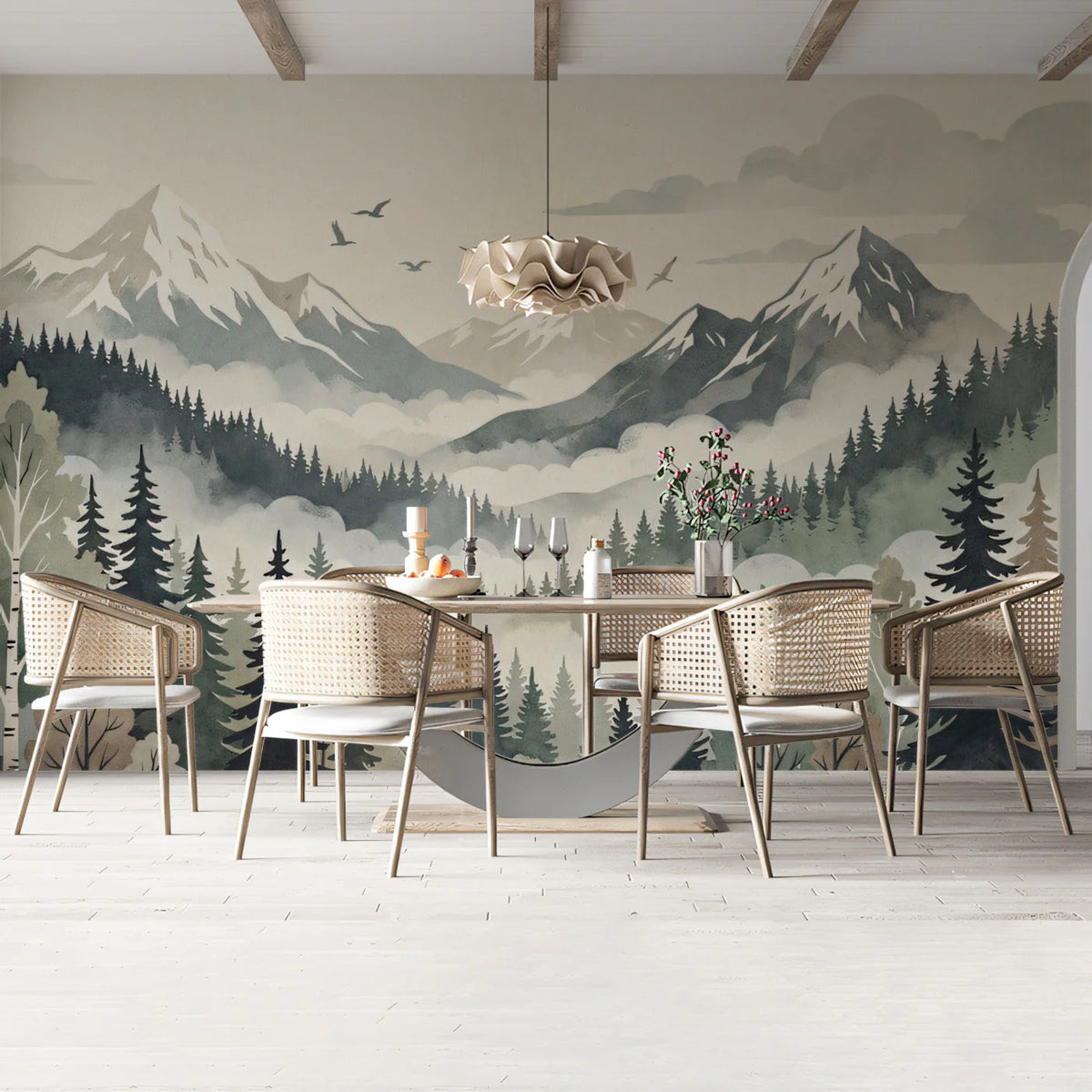 Mist-Covered Alpine Forest Mural Wallpaper — Soft Watercolor Design Mural Wallpaper - room preview 03